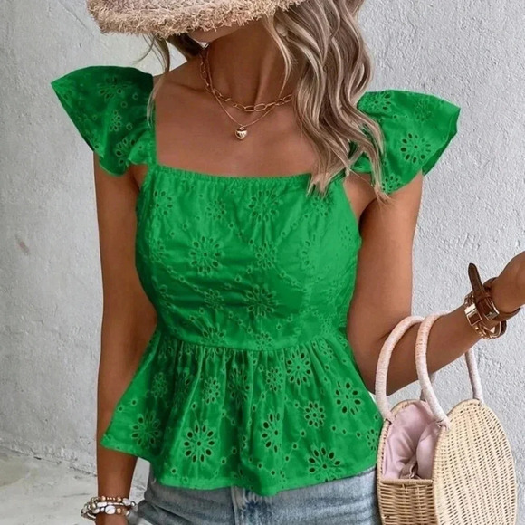 Eyelet Embroidery Tie Back Peplum Blouse - Picture 2 of 6